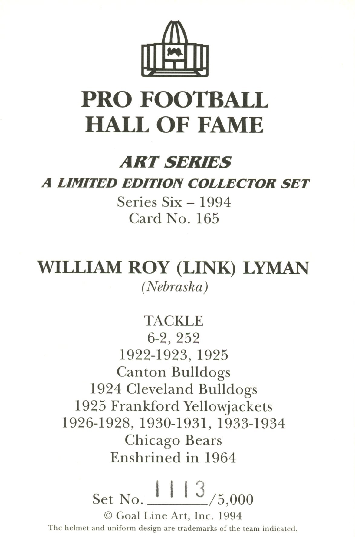 William Roy "Link" Lyman Chicago Bears Goal Line Art Card #165 LE /5000 58107 2 William Roy "Link" Lyman Chicago Bears Goal Line Art Card #165 LE /5000 58107
