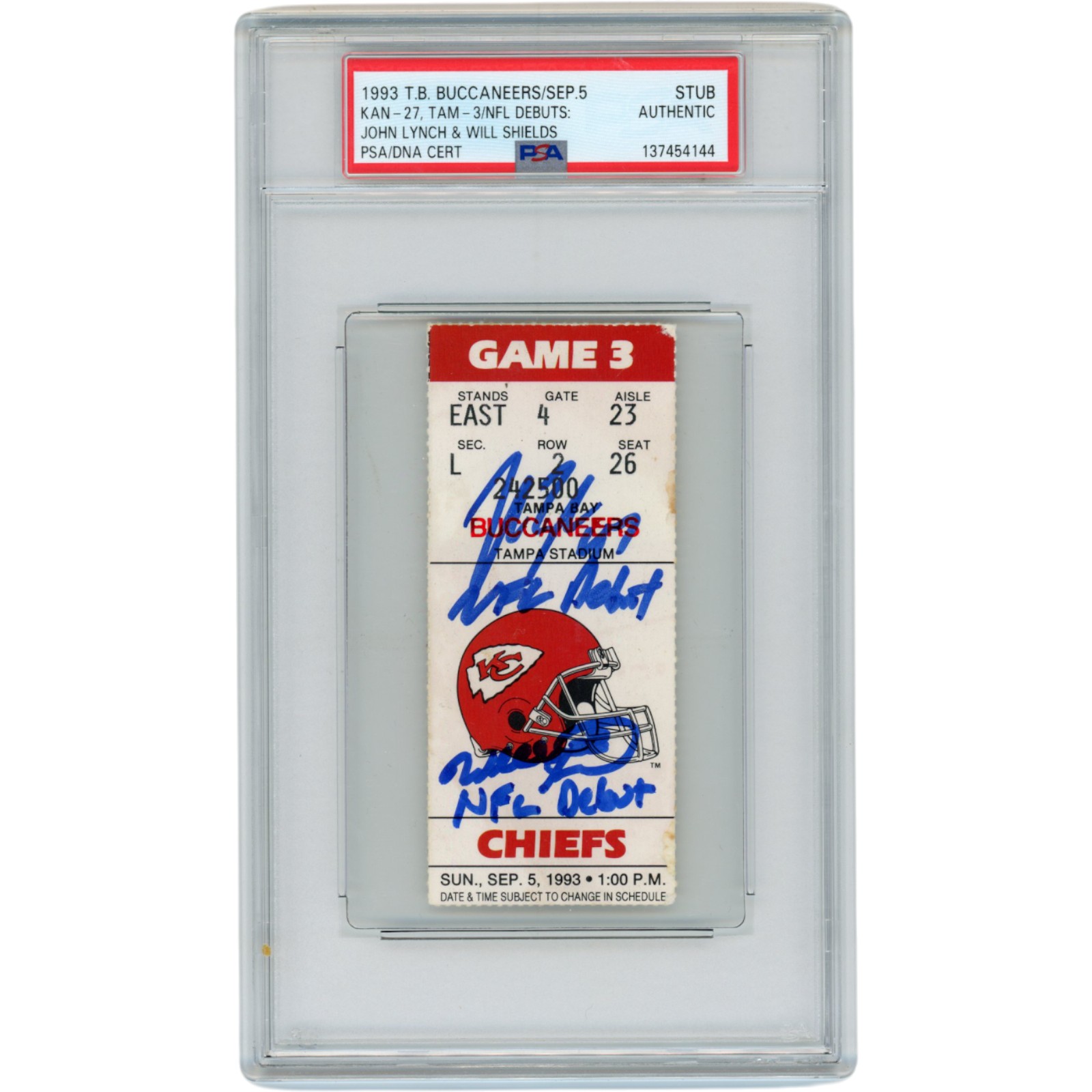 John Lynch Will Shields Signed Tampa Bay Buccaneers NFL Debut Ticket PSA 49984