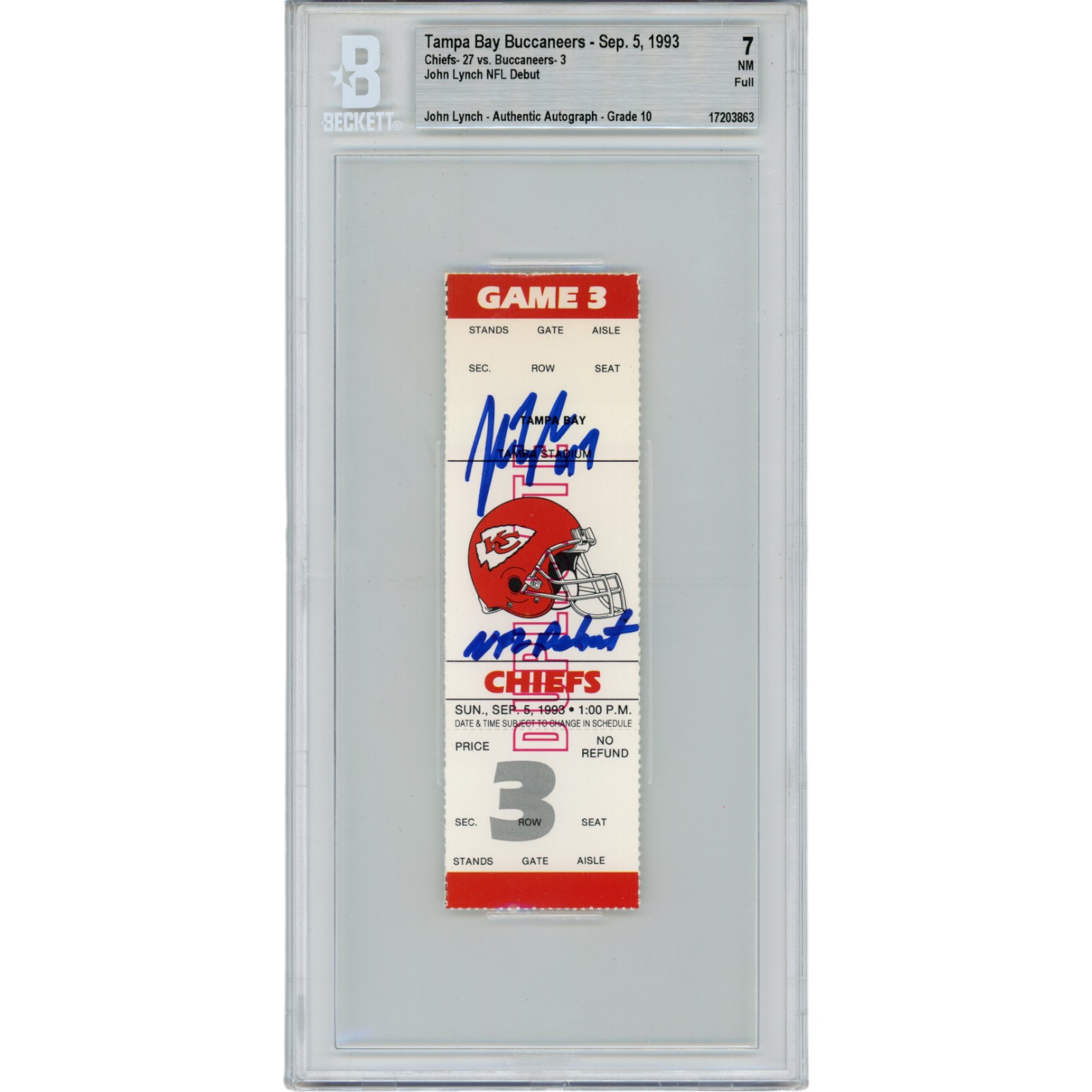 John Lynch Autographed Tampa Bay Buccaneers NFL Debut Ticket Stub Beckett 42714
