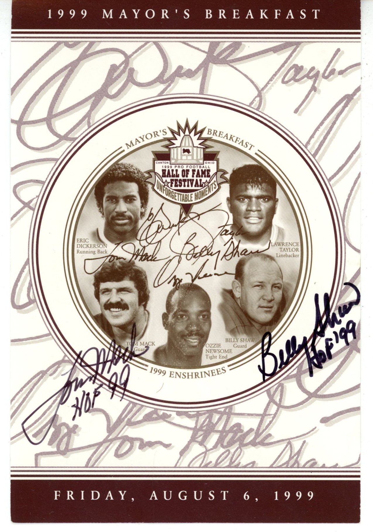 Tom Mack Billy Shaw Signed Hall of Fame 4x6" Mayor Breakfast Card Beckett 56084