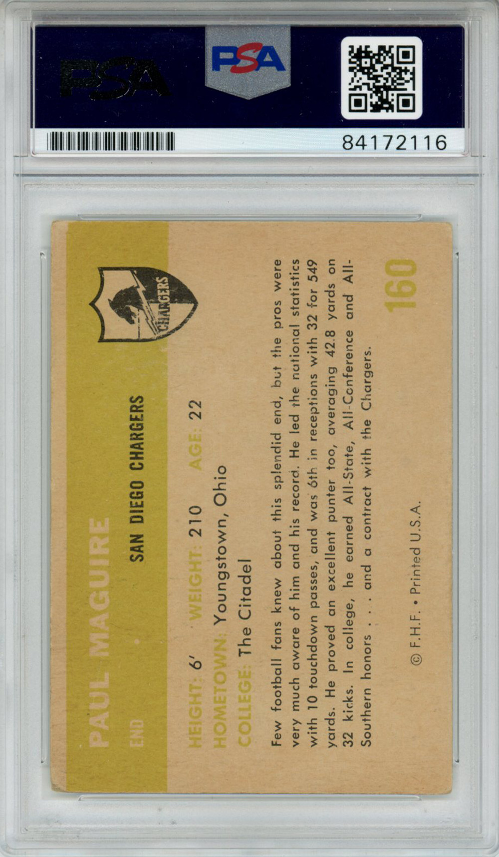 Paul Maguire Autographed 1961 Fleer #160 Trading Card PSA Slab