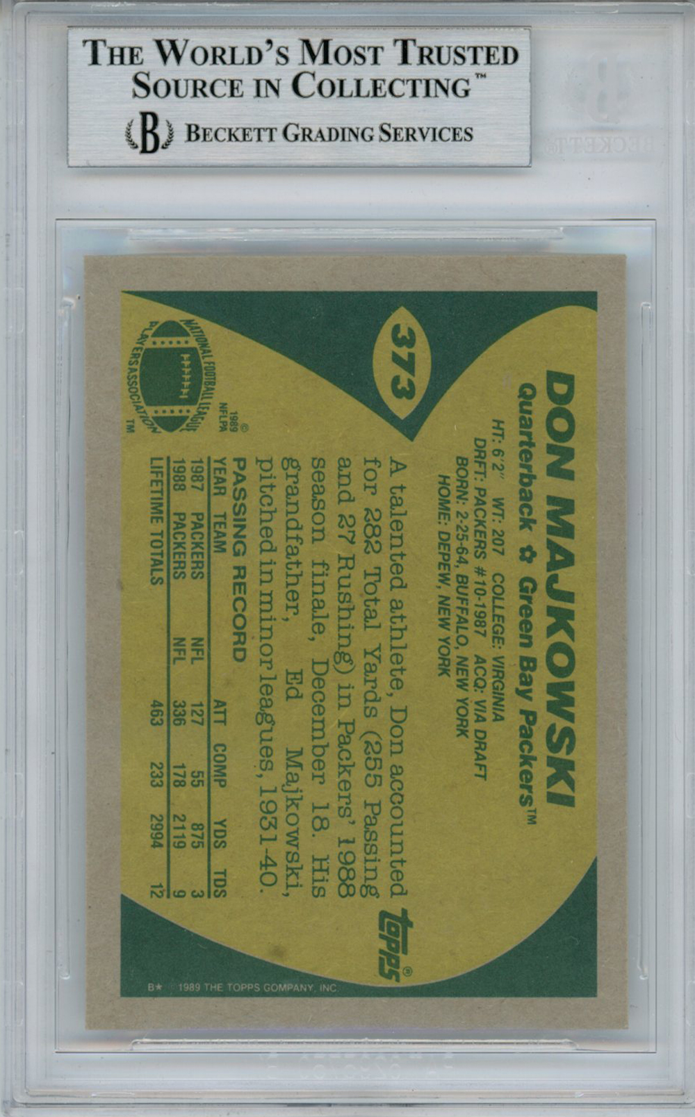 Don Majkowski Autographed 1989 Topps #373 Rookie Card Beckett Slab