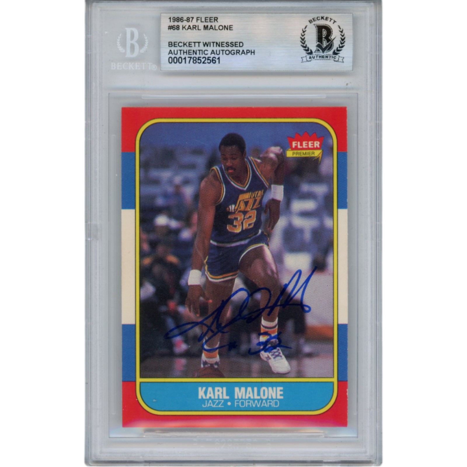 Karl Malone Autographed 1986 Fleer #68 Slabbed Trading Card Beckett 50626