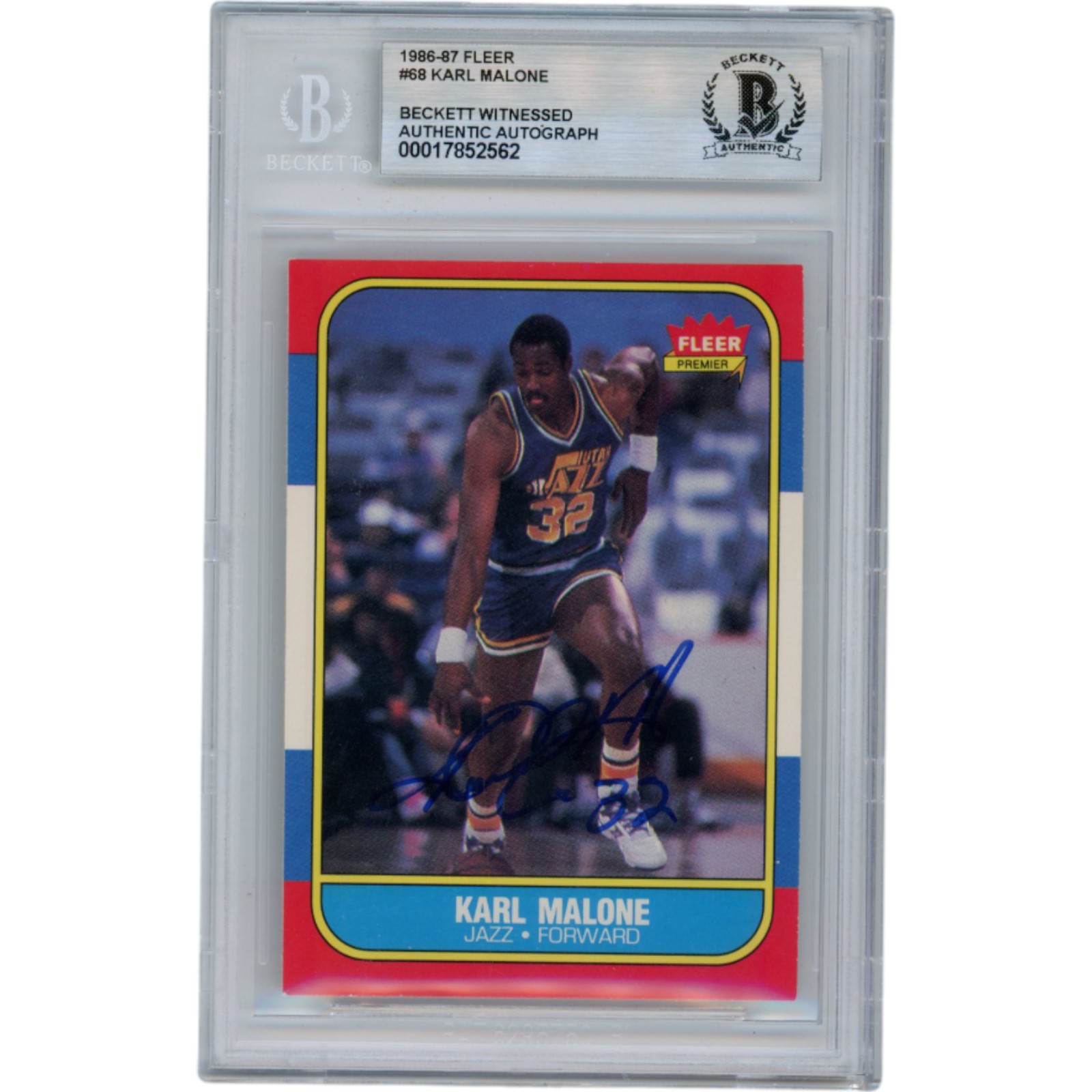 Karl Malone Autographed 1986 Fleer #68 Slabbed Trading Card Beckett 50644