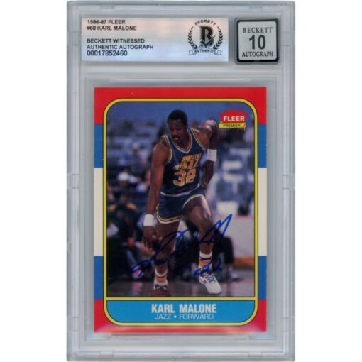 Karl Malone Autographed 1986 Fleer #68 Slabbed Trading Card Beckett 50646