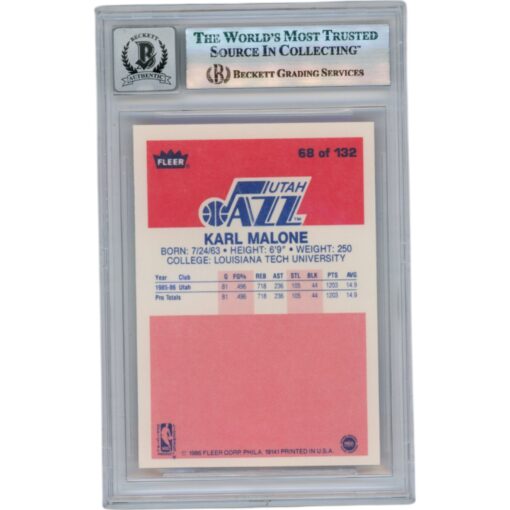 Karl Malone Autographed 1986 Fleer #68 Slabbed Trading Card Beckett 50646