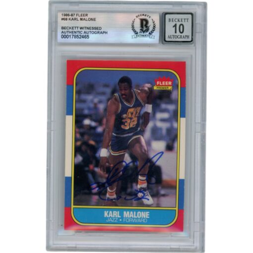 Karl Malone Autographed 1986 Fleer #68 Slabbed Trading Card Beckett 50667