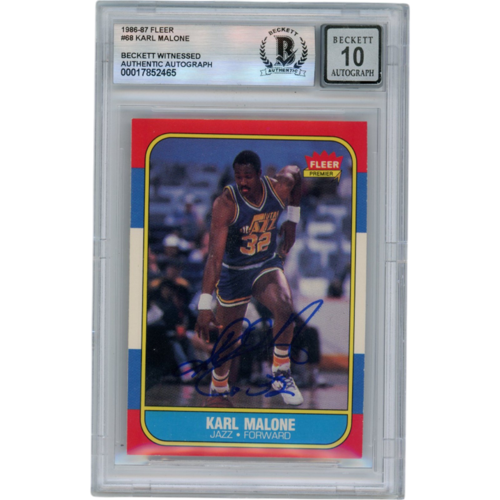 Karl Malone Autographed 1986 Fleer #68 Slabbed Trading Card Beckett 50667