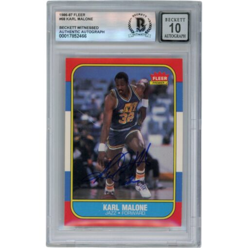 Karl Malone Autographed 1986 Fleer #68 Slabbed Trading Card Beckett 50673