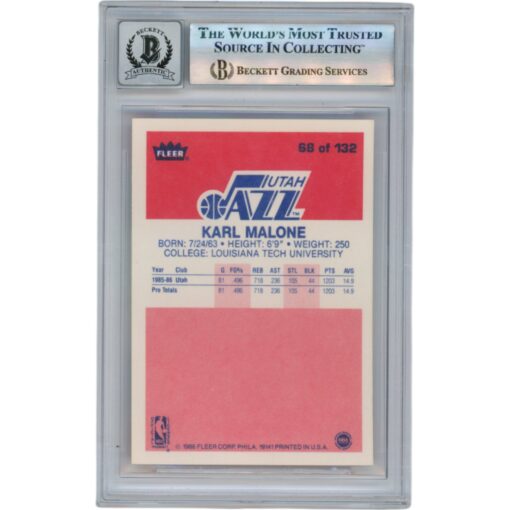 Karl Malone Autographed 1986 Fleer #68 Slabbed Trading Card Beckett 50673