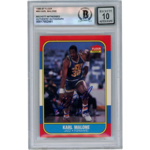 Karl Malone Autographed 1986 Fleer #68 Slabbed Trading Card Beckett 50679