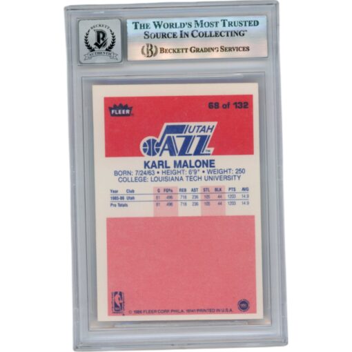 Karl Malone Autographed 1986 Fleer #68 Slabbed Trading Card Beckett 50679