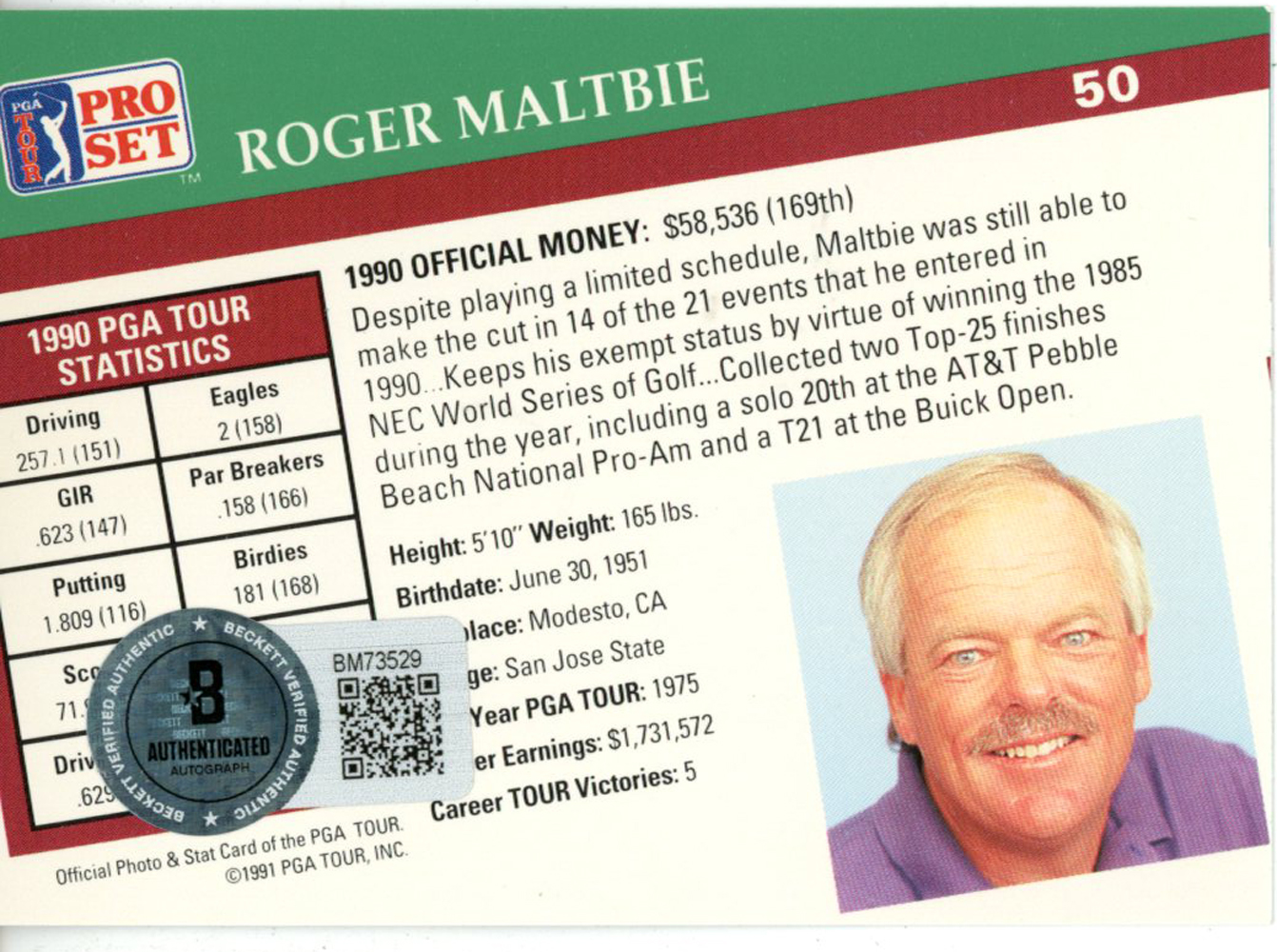 Roger Maltbie Autographed 1991 Pro Set #50 Trading Card Beckett 44877