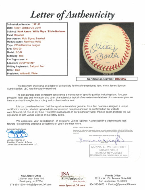 Mantle Aaron Mays & Matthews Signed National League Baseball JSA LOA 13334
