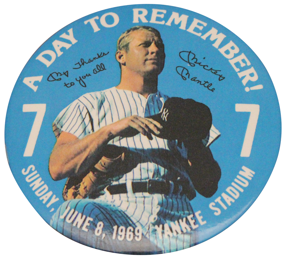 Mickey Mantle New York Yankees A Day To Remember 1969 4" Button Pin 31984