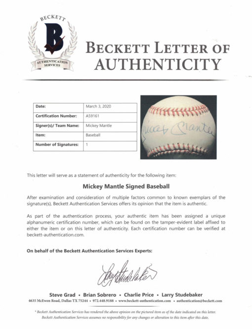 Mickey Mantle Autographed New York Yankees American League Baseball BAS 26360