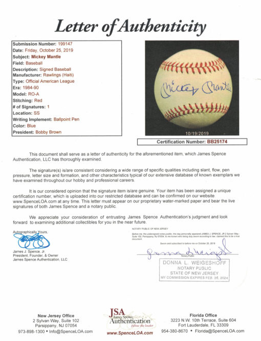 Mickey Mantle Signed New York Yankees American League Baseball JSA LOA 13109