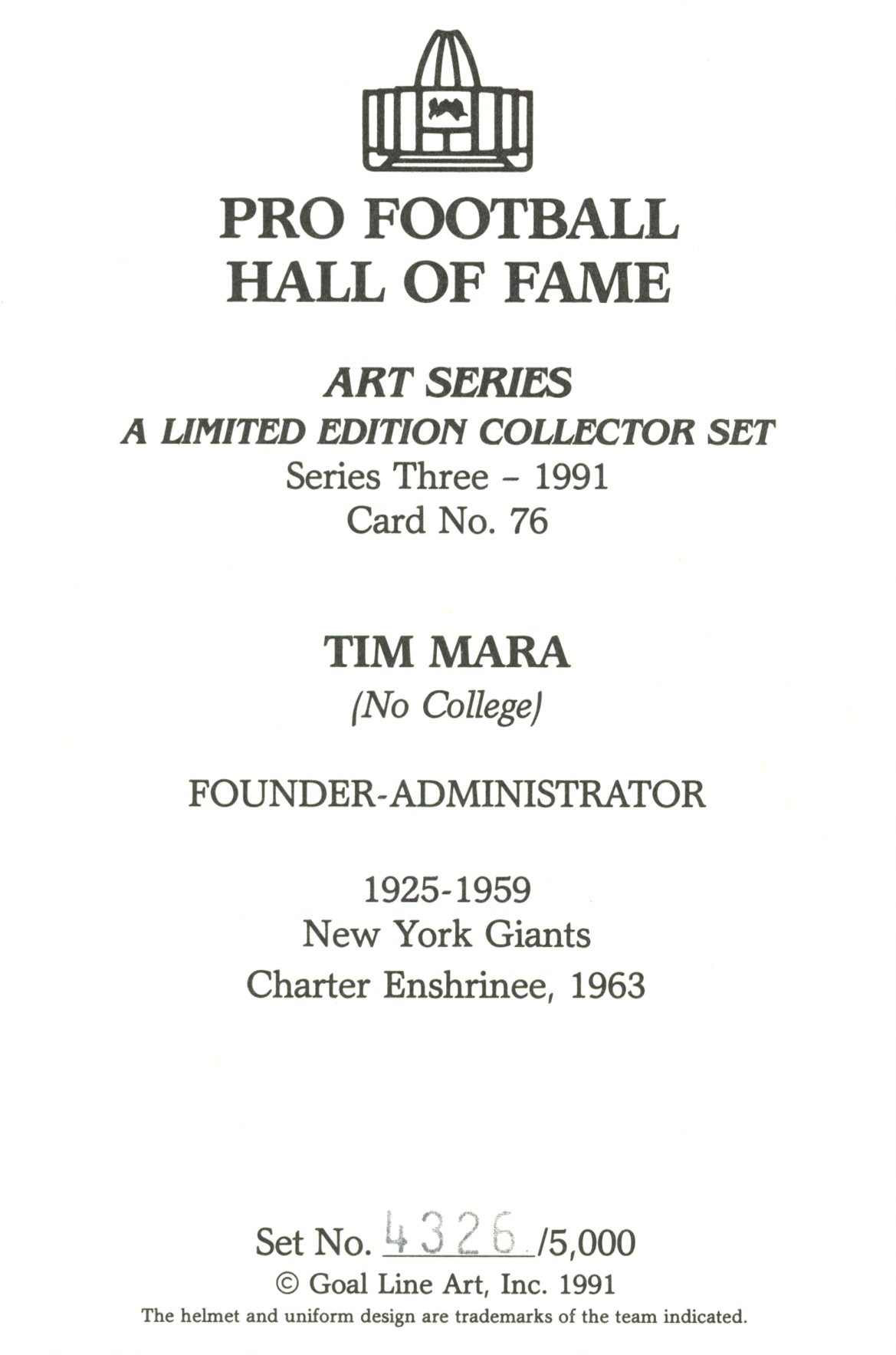 Tim Mara New York Giants Goal Line Art Card Series 3 No Tim Mara New York Giants Goal Line Art Card Series 3 No. 76 LE /5000 58108
