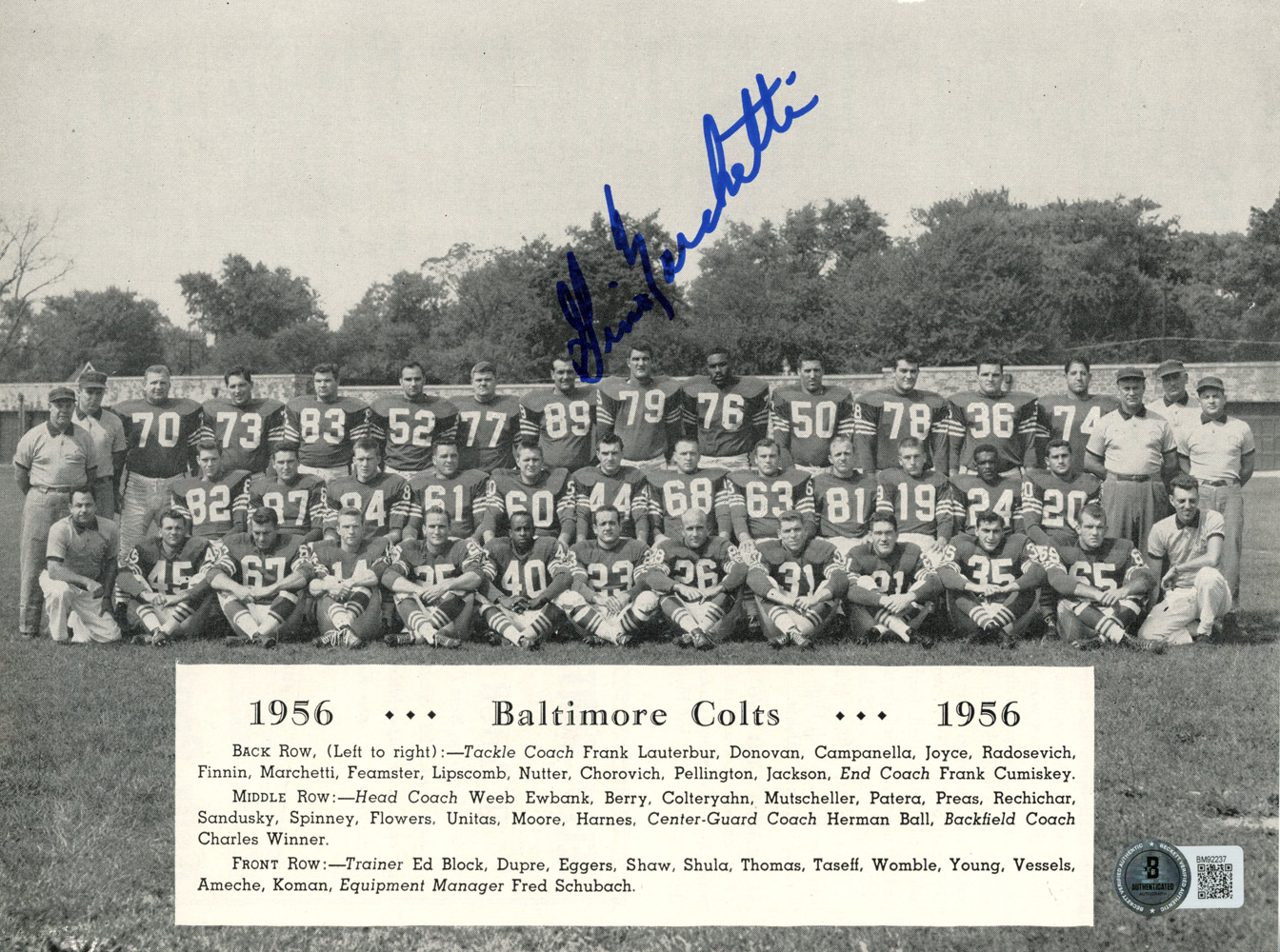 Gino Marchetti Signed 1956 Baltimore Colts Roster Magazine Page BAS 48224