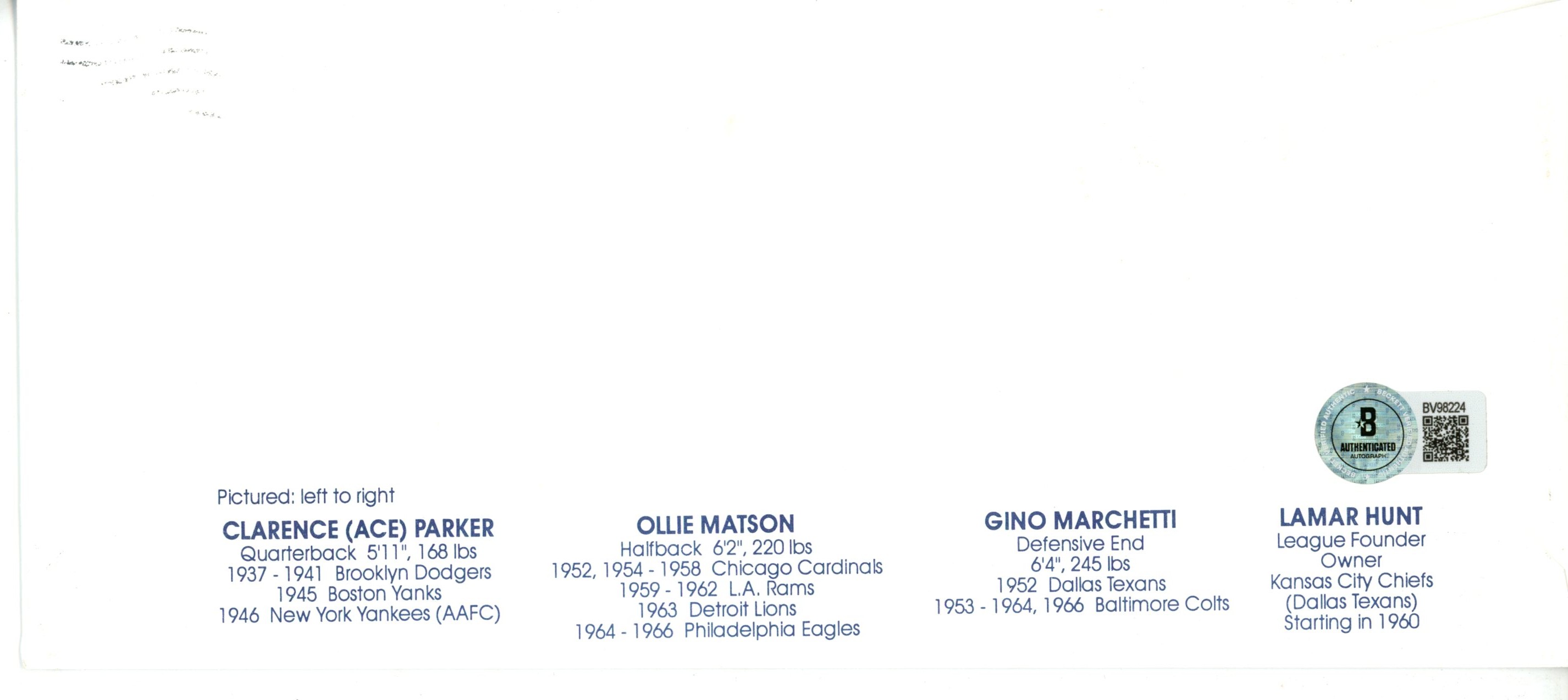 Gino Marchetti Autographed Baltimore Colts Class of 72 Cachet HOF Beckett 56087