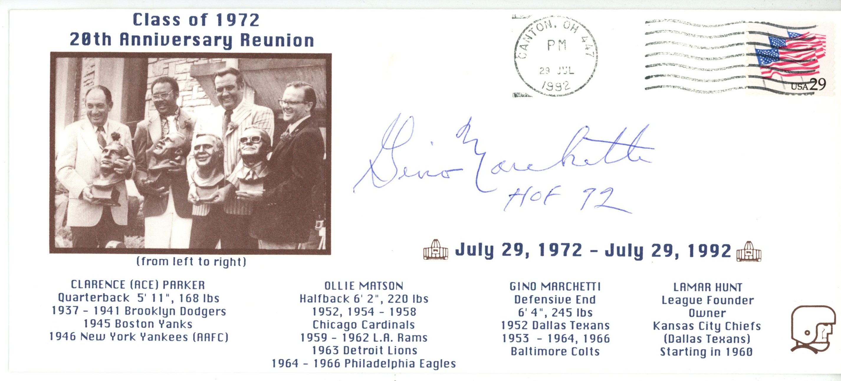 Gino Marchetti Autographed Baltimore Colts Class of 72 Cachet HOF Beckett 56088