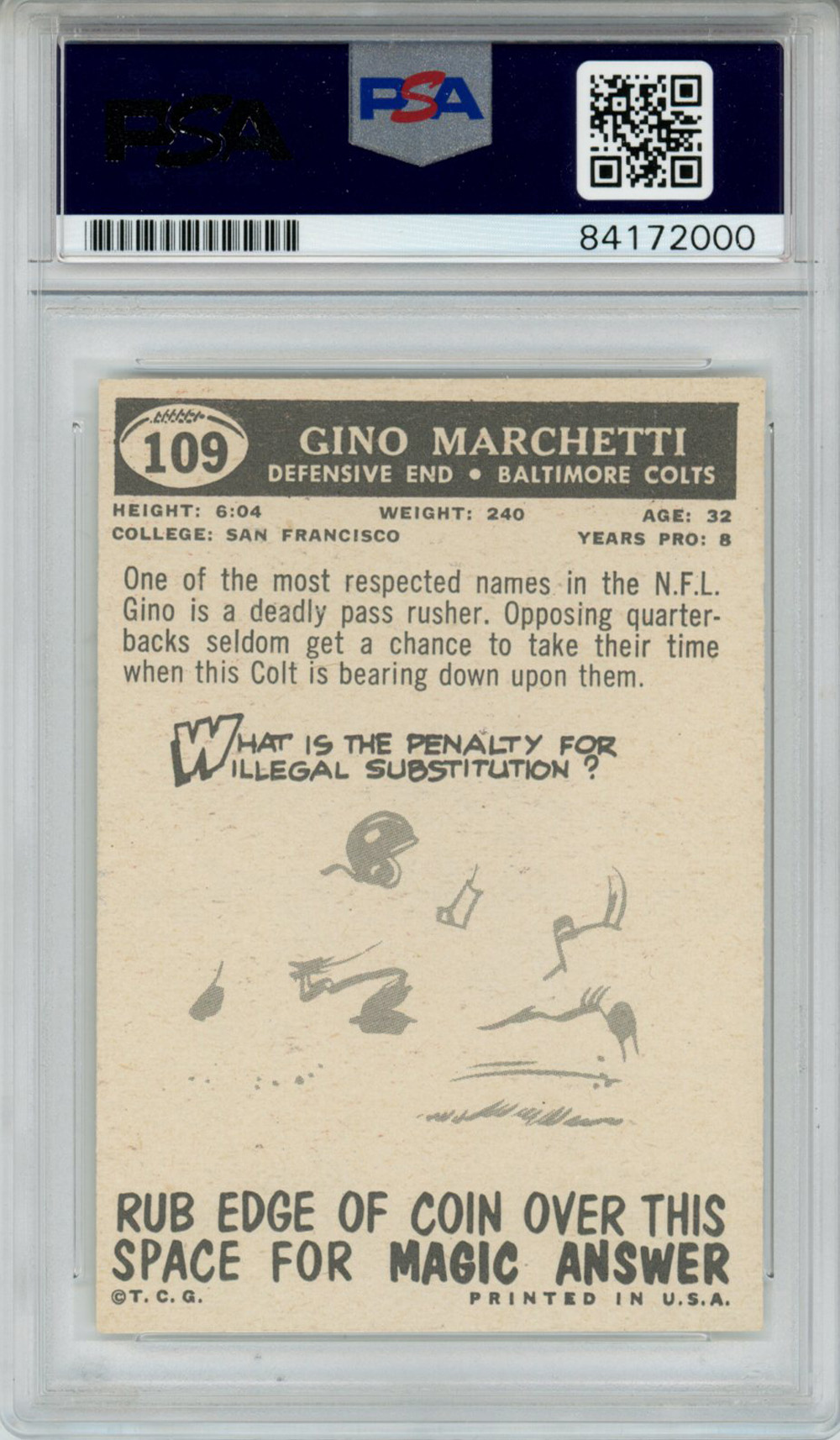 Gino Marchetti Autographed 1959 Topps #109 Trading Card PSA Slab