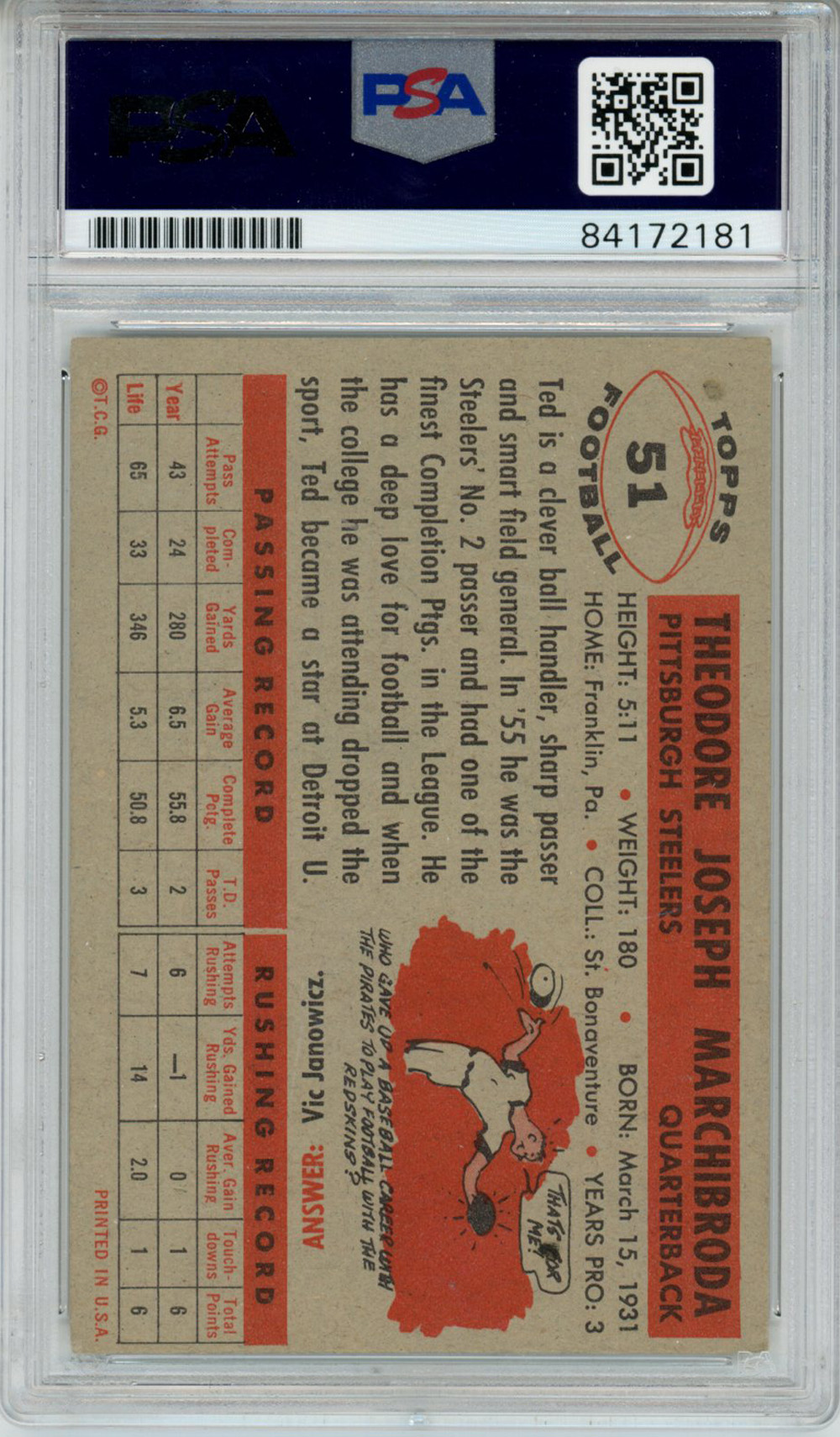 Ted Marchibroda Autographed 1956 Topps #51 Trading Card PSA Slab