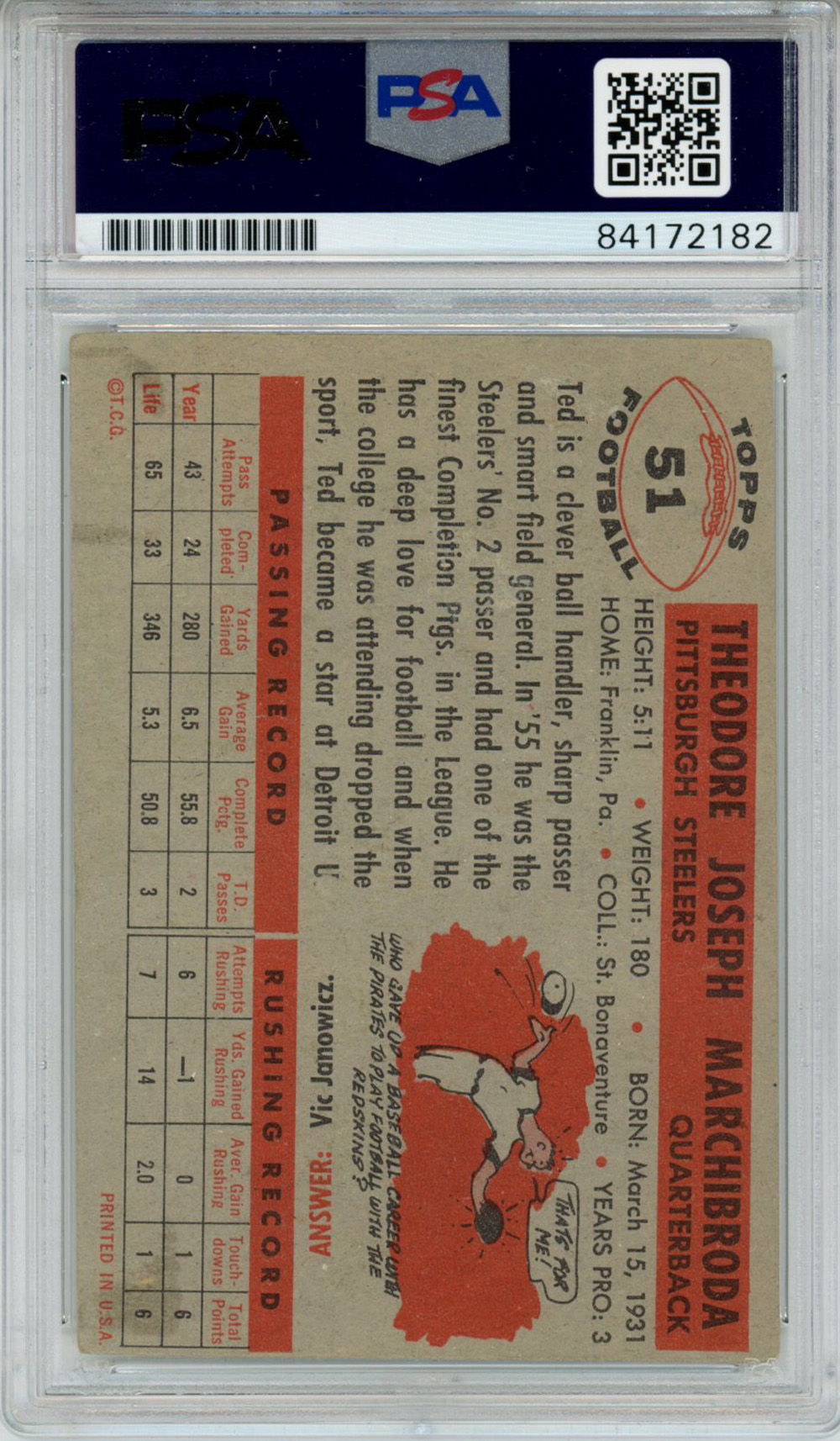 Ted Marchibroda Autographed 1956 Topps #51 Trading Card PSA Slab