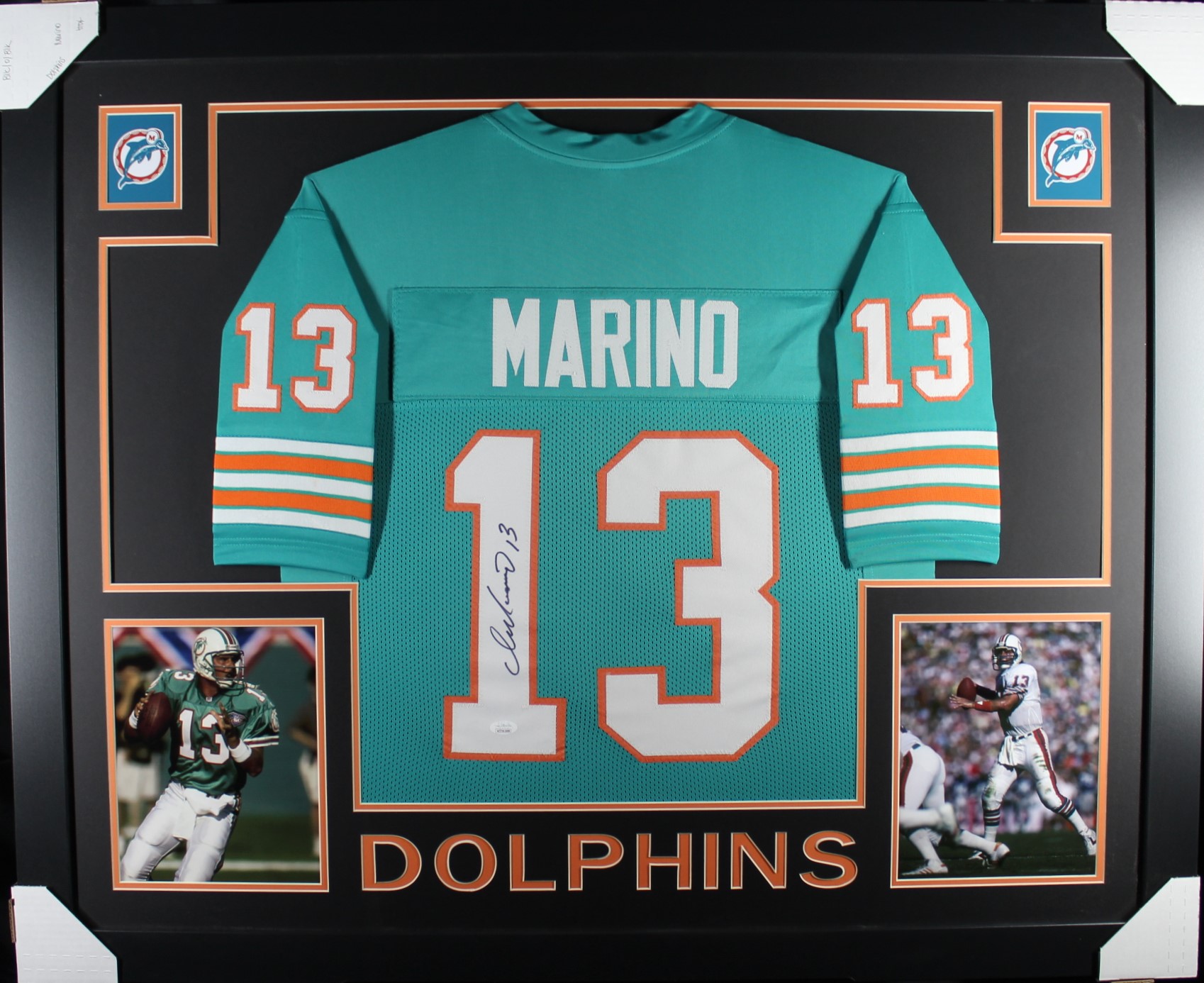Dan Marino Autographed Pro Style Teal XL Framed Jersey 35x43 JSA 53755