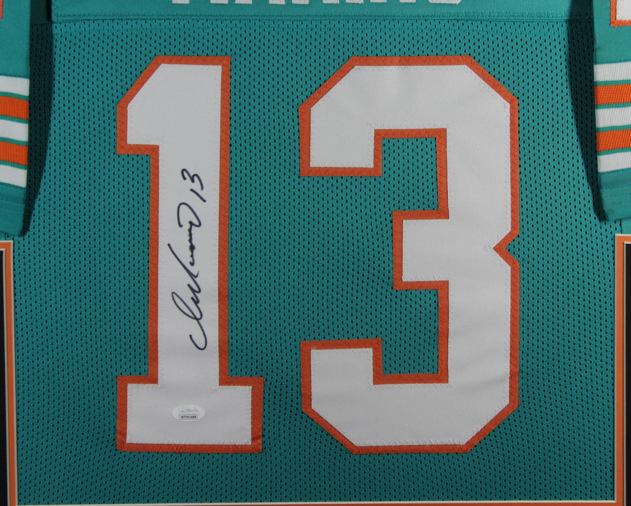 Dan Marino Autographed Pro Style Teal XL Framed Jersey 35x43 JSA 53755 2 Dan Marino Autographed Pro Style Teal XL Framed Jersey 35x43 JSA 53755