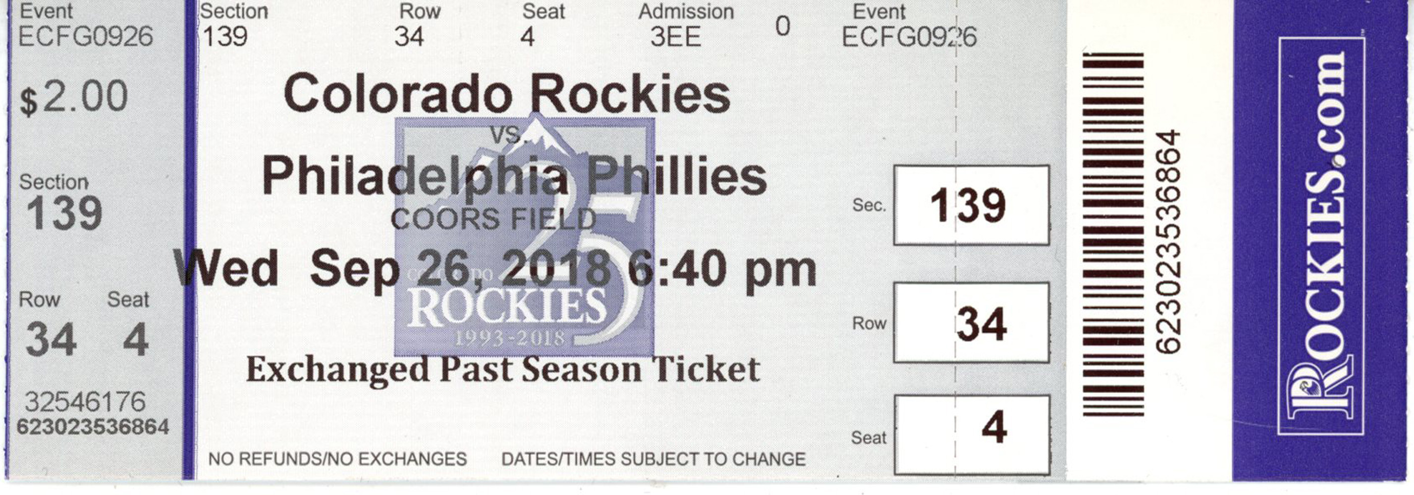 Colorado Rockies Ticket Stub German Marquez 8k Start