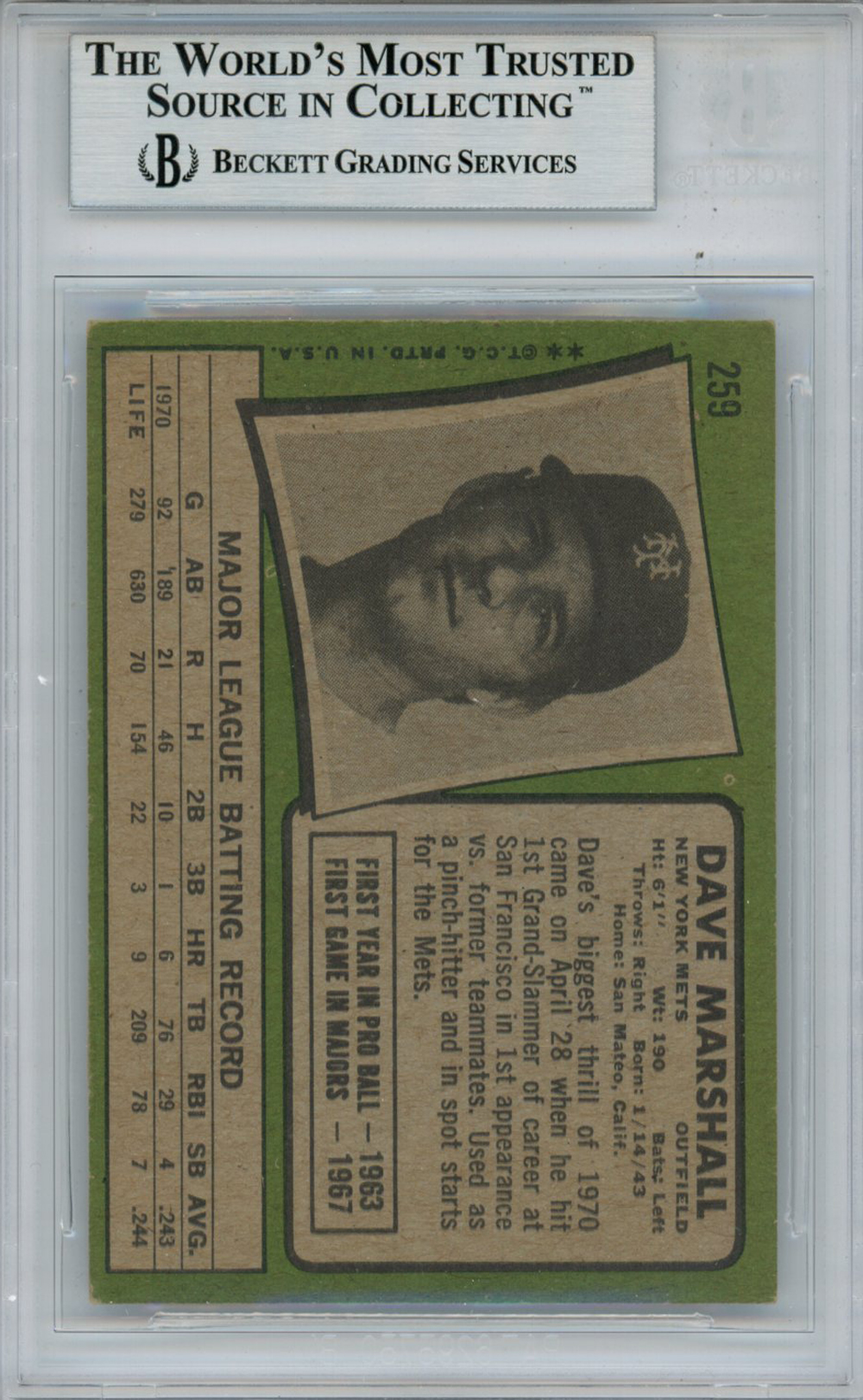 Dave Marshall Autographed 1971 Topps #259 Trading Card Beckett Slab