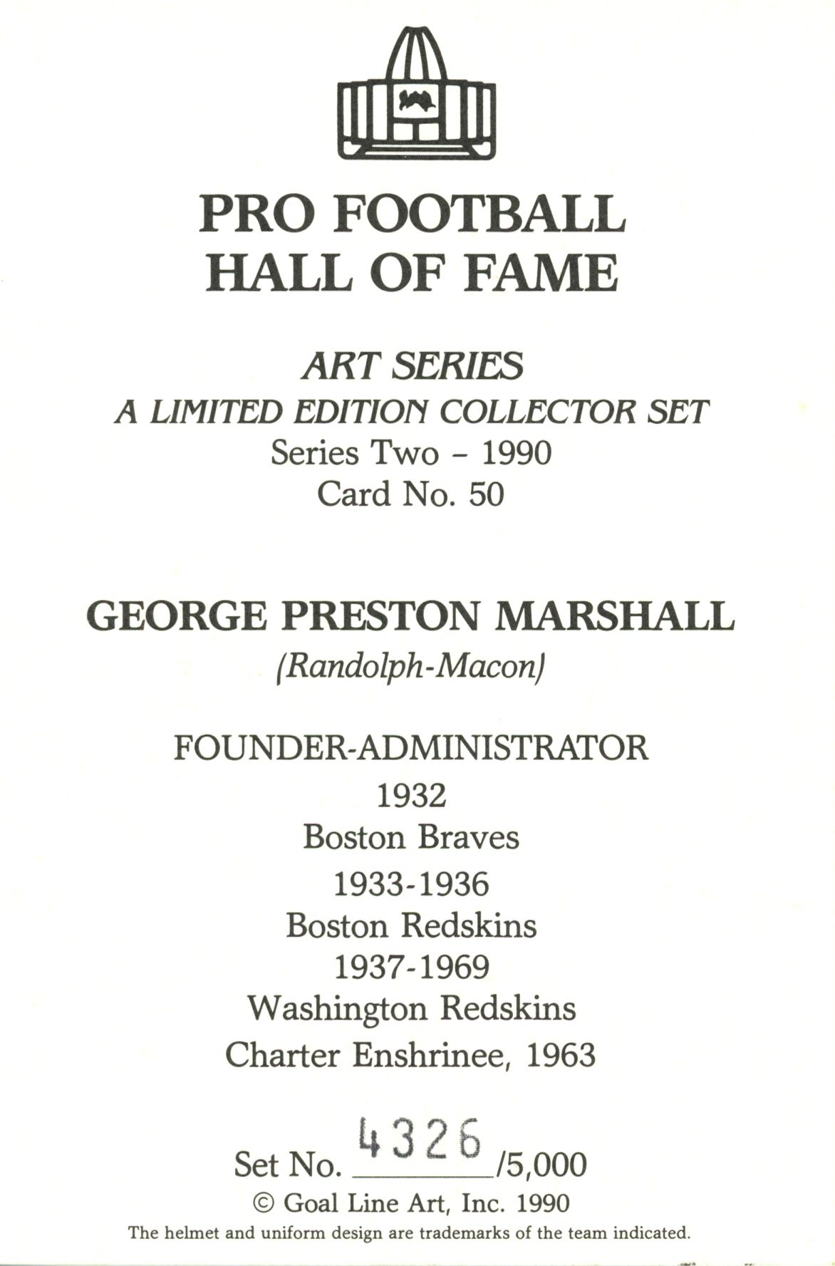 George Preston Marshall Washington Redskins Goal Line Art Card #50 /5000 58111 2 George Preston Marshall Washington Redskins Goal Line Art Card #50 /5000 58111