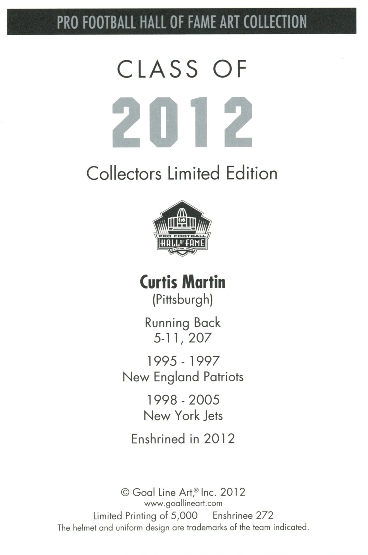 Curtis Martin New York Jets Goal Line Art Card Class of 2012 58112 2 Curtis Martin New York Jets Goal Line Art Card Class of 2012 58112