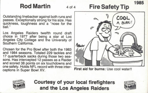 Rod Martin Los Angeles Raiders 1985 Fire Safety Tip Card 4/4 Kodak Color 26679