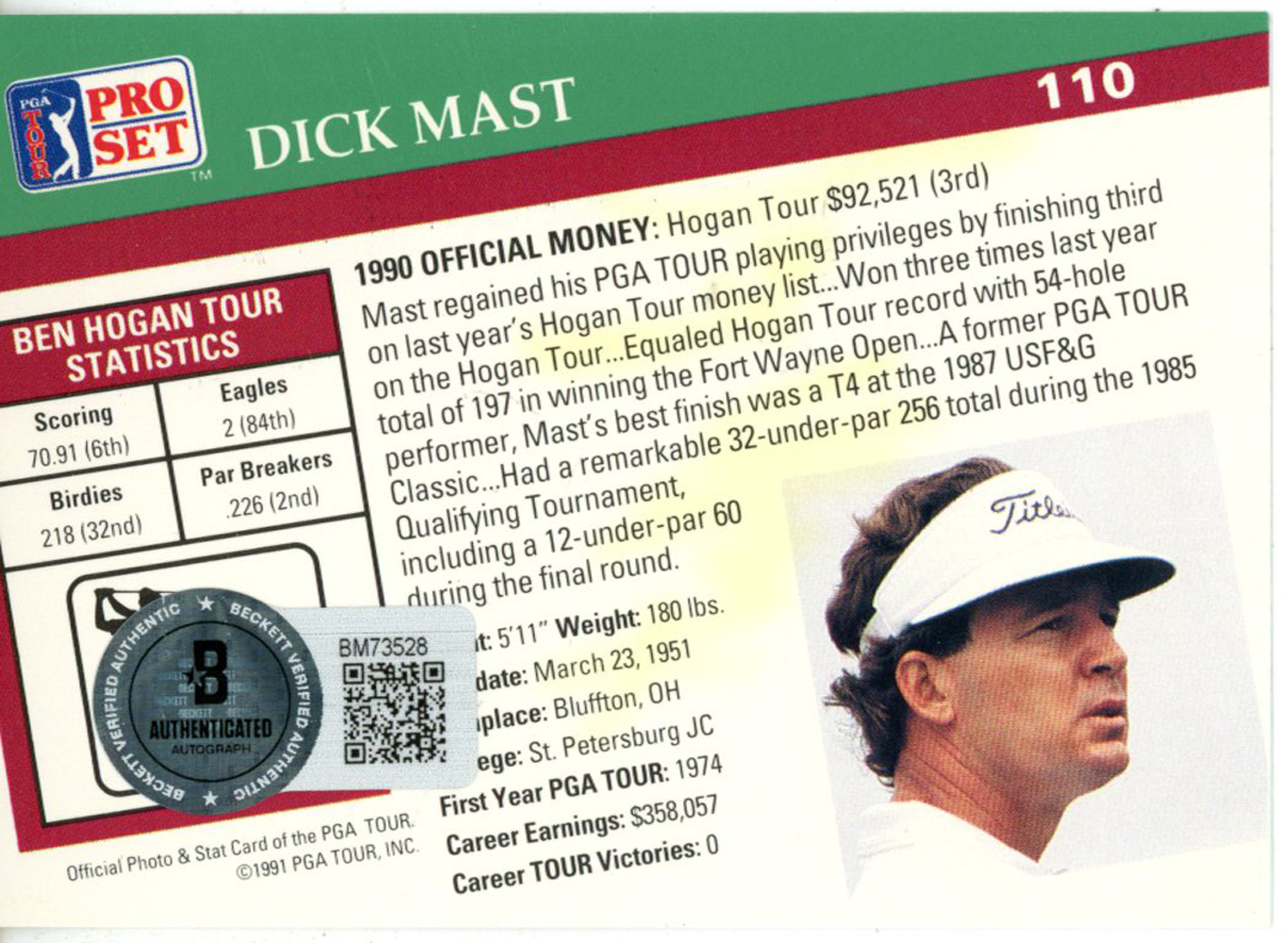 Dick Mast Autographed 1991 Pro Set #110 Trading Card Beckett 44878