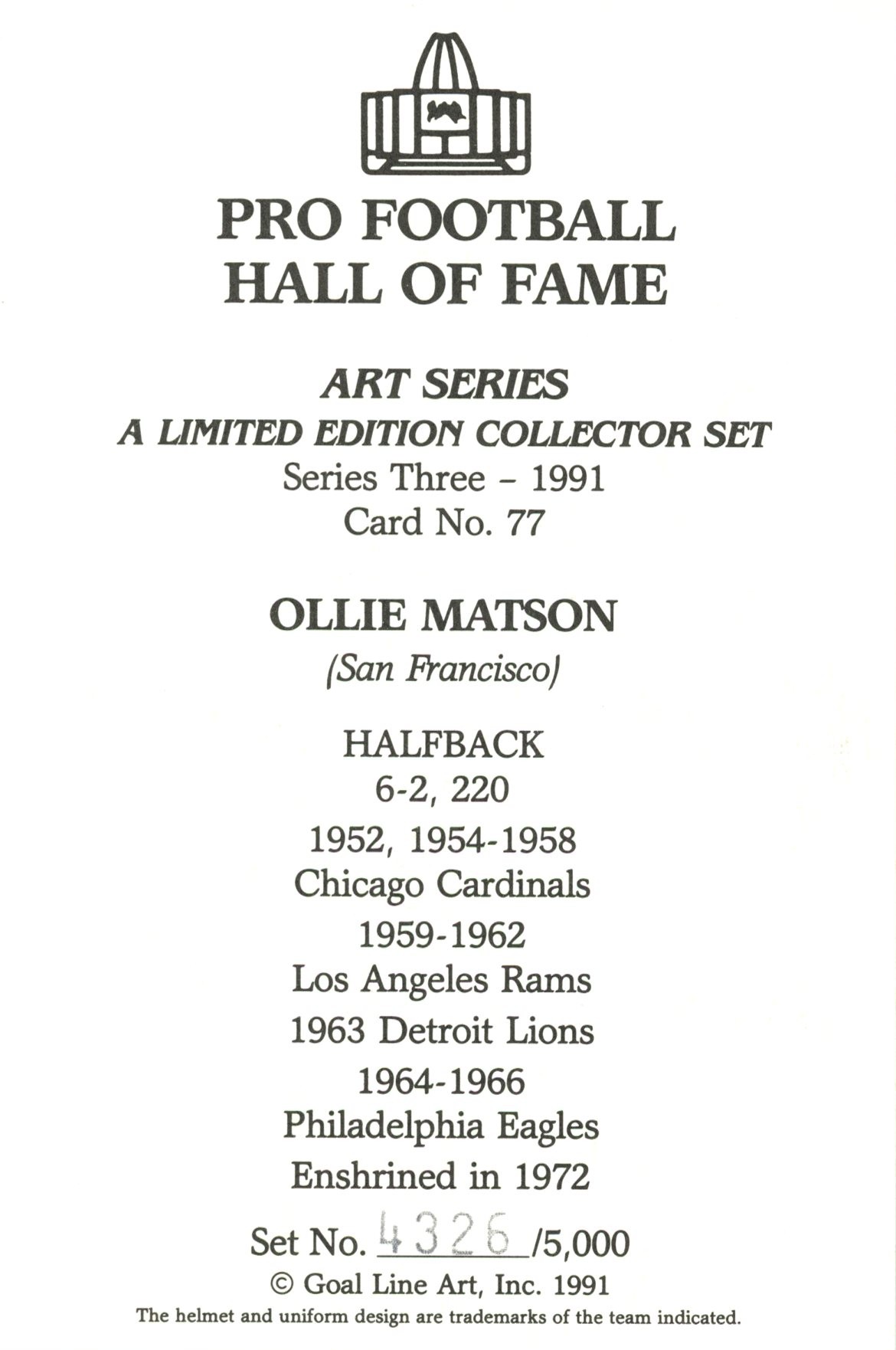 Ollie Matson Los Angeles Rams Goal Line Art Card Series 3 No Ollie Matson Los Angeles Rams Goal Line Art Card Series 3 No. 77 LE /5000 58113