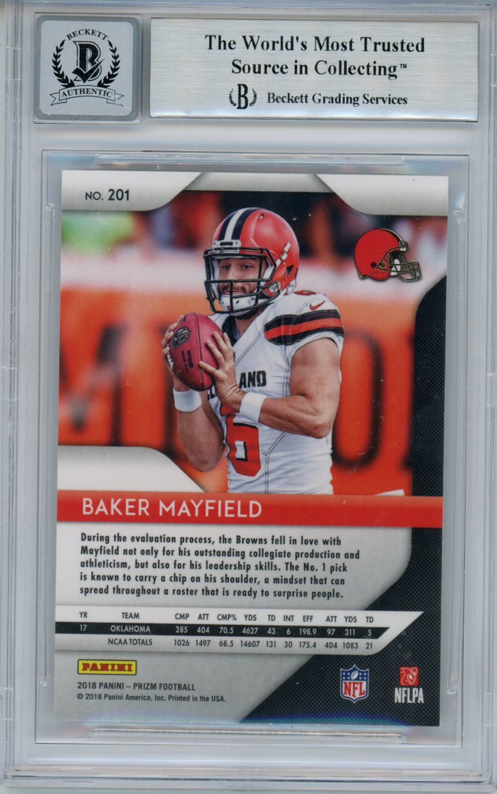 Baker Mayfield Autographed 2018 Panini Prizm #201 Rookie Card BAS 10 Slab