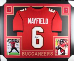 Baker Mayfield Autographed Pro Style Red XL Framed Jersey 35x43 Beckett 53756