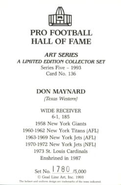 Don Maynard New York Jets Goal Line Art Card  Series 5 No. 136 LE /5000 58114