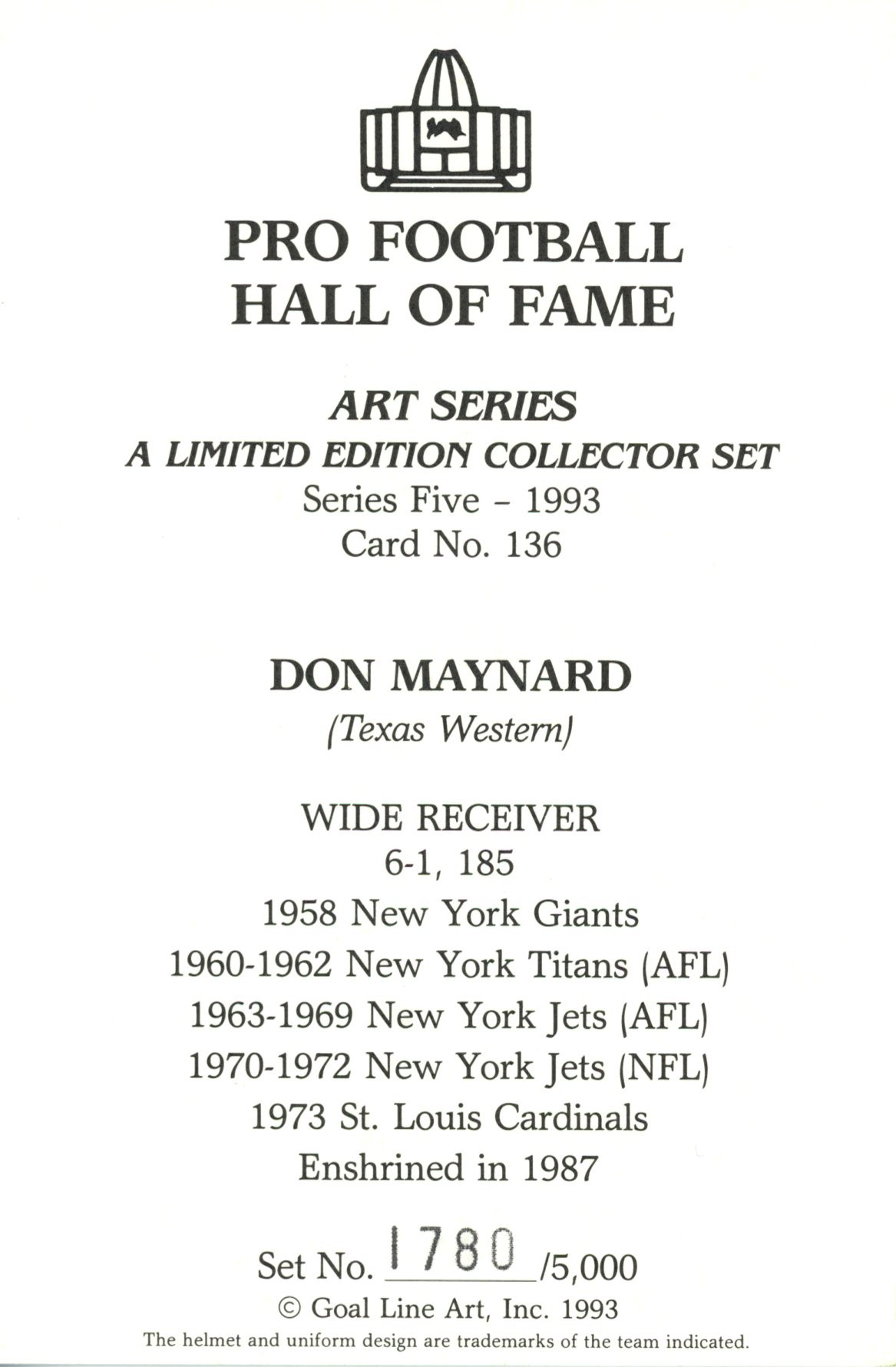 Don Maynard New York Jets Goal Line Art Card Series 5 No Don Maynard New York Jets Goal Line Art Card Series 5 No. 136 LE /5000 58114