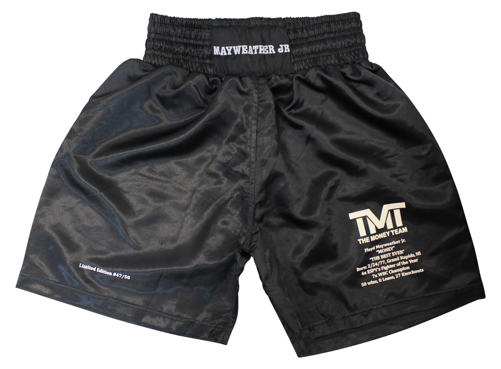 Floyd Mayweather Unsigned LE/ 50 TMT Black Trunks 12535 – Denver Autographs