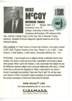 Mike McCoy Autographed Green Bay Packers Cinemark Giveaway Card Beckett 56065