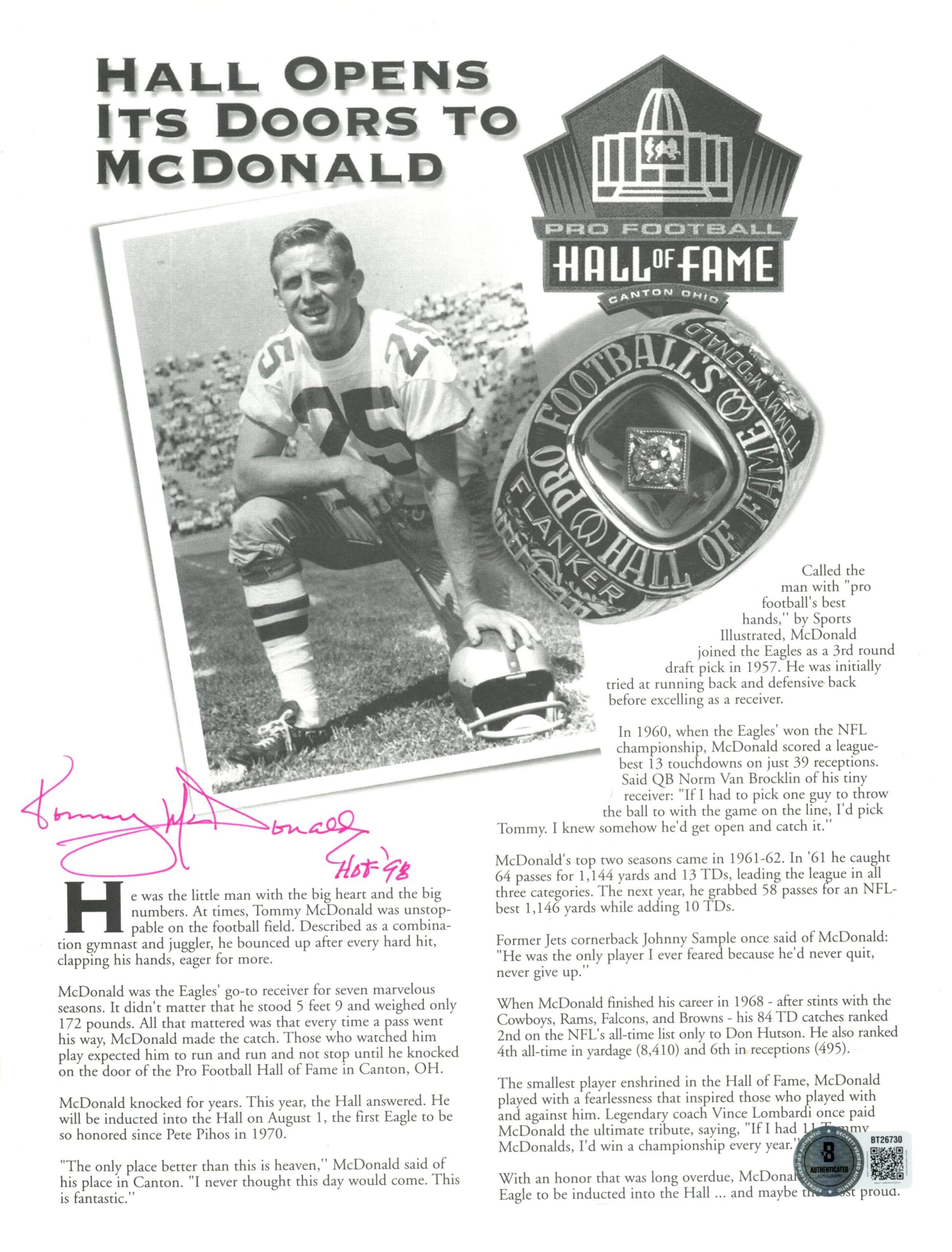 Tommy McDonald Autographed Philadelphia Eagles HOF Doc. HOF Beckett 56854