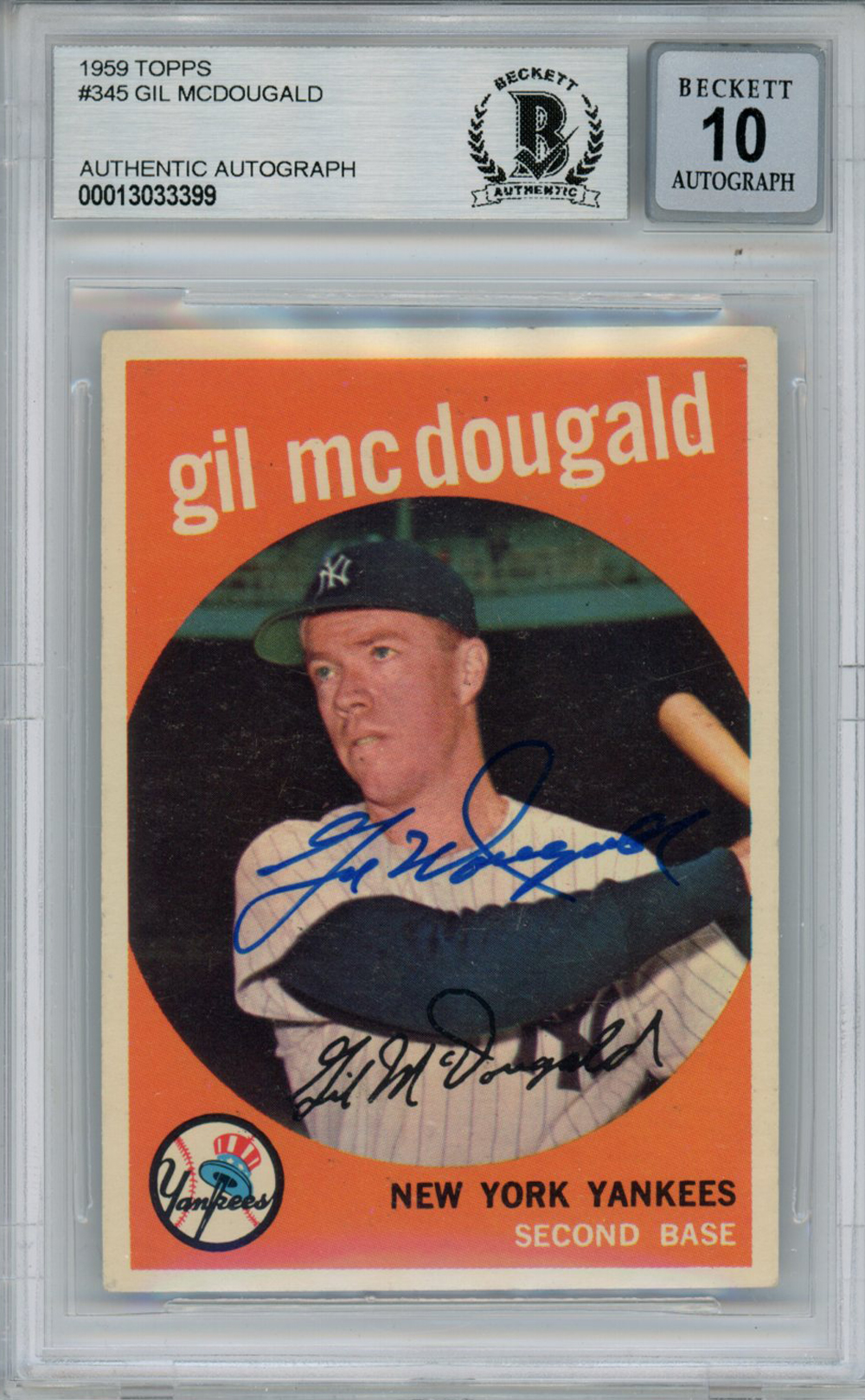 Gil McDougald Autographed 1959 Topps #345 Trading Card Beckett 10 Slab