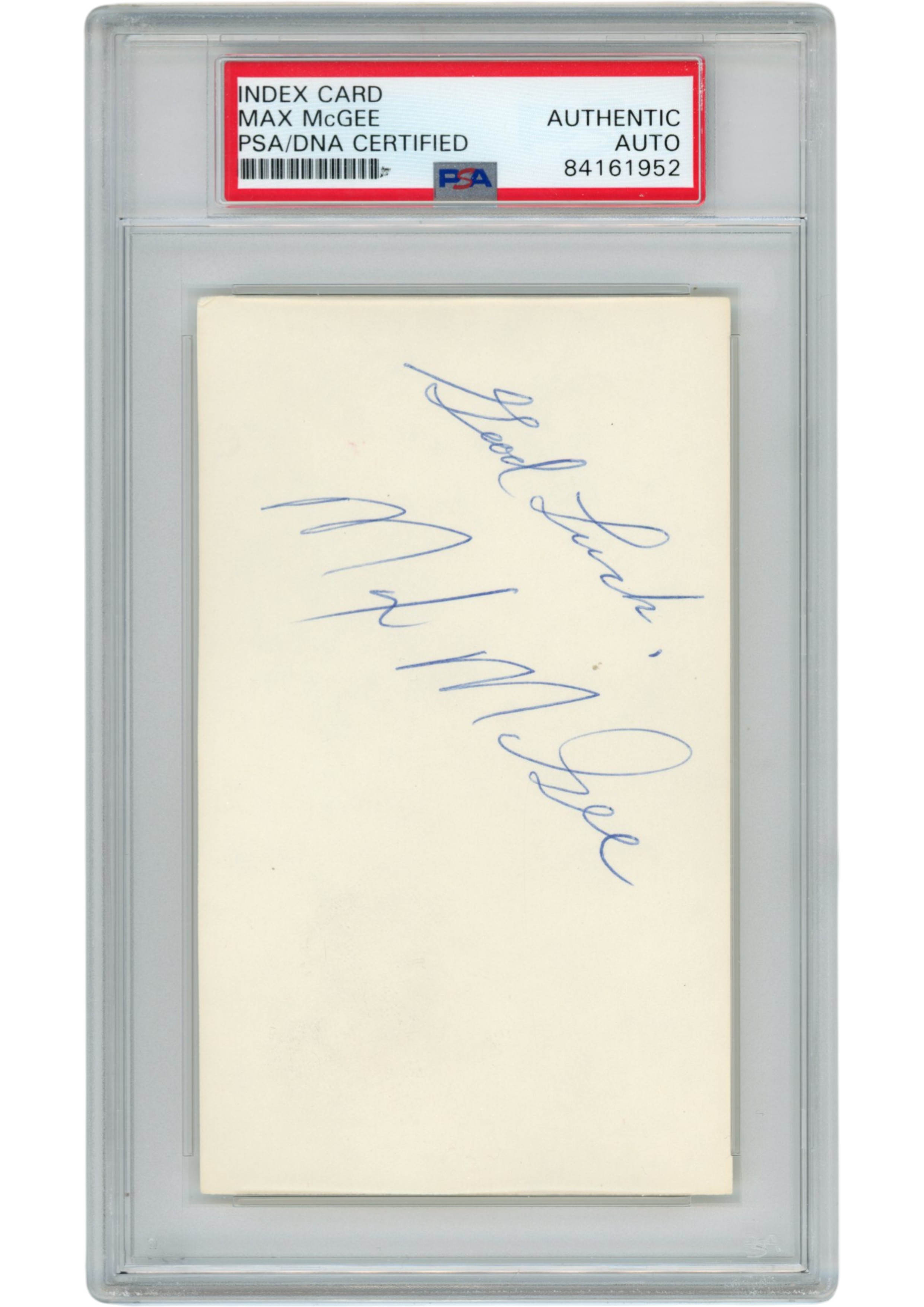 Max McGee Autographed Green Bay Packers Index Card Good Luck Slab PSA 54900