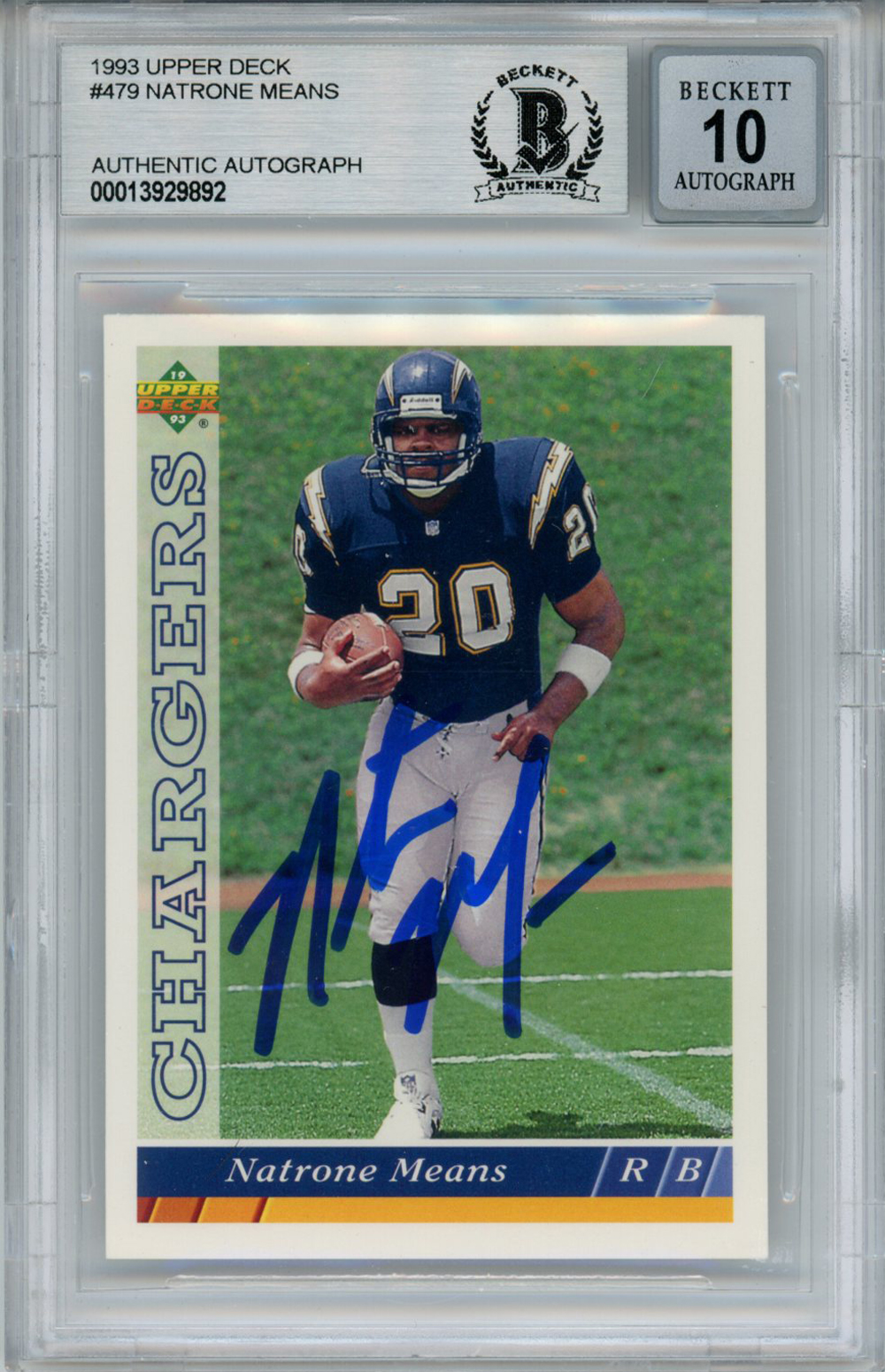 Natrone Means Signed 1993 Upper Deck #479 Rookie Card Beckett 10 Slab