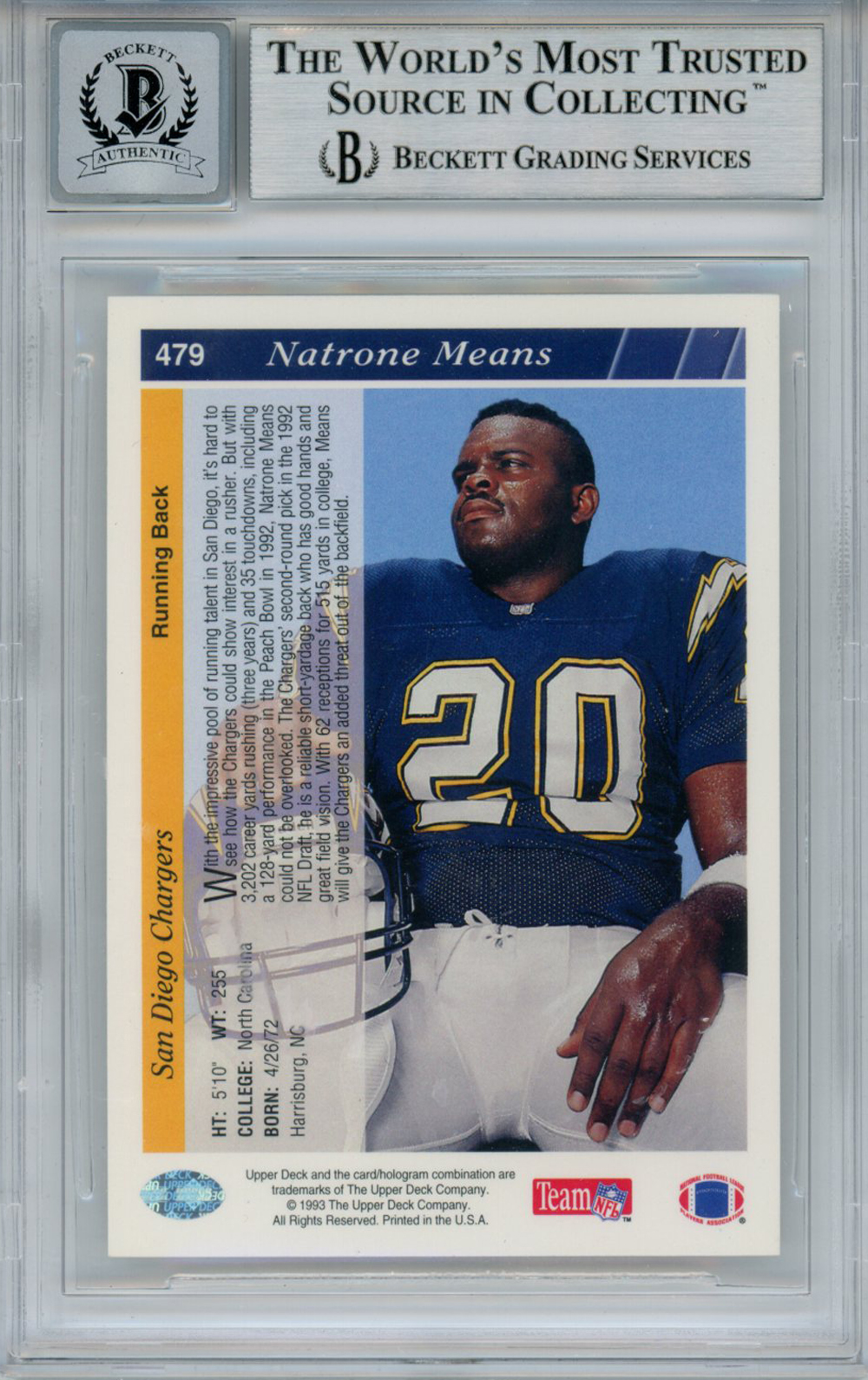 Natrone Means Signed 1993 Upper Deck #479 Rookie Card Beckett 10 Slab