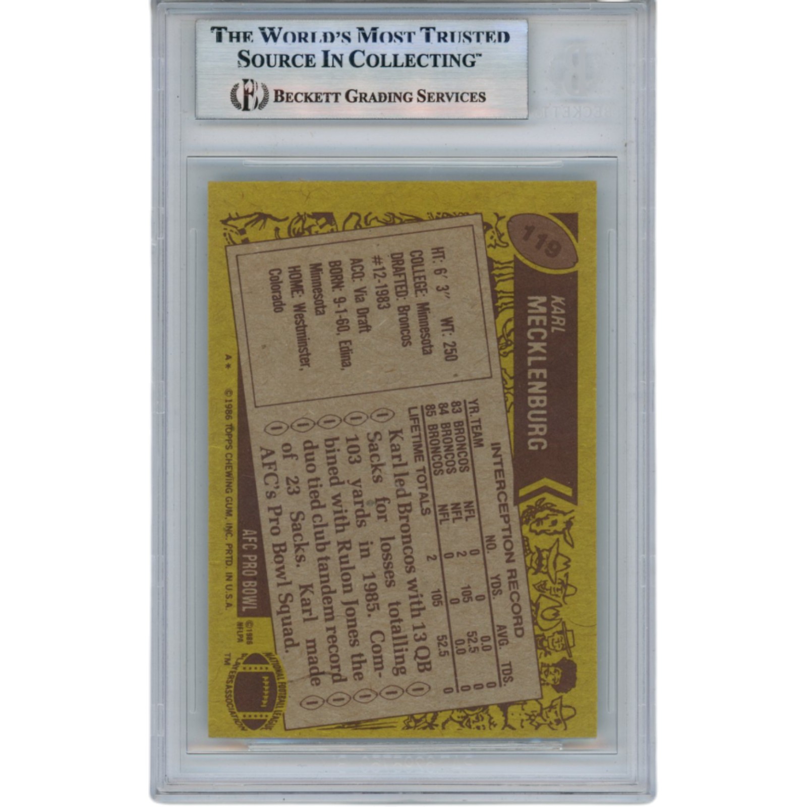 Karl Mecklenburg Autographed 1986 Topps #119 Trading Card Slabbed Beckett 51544