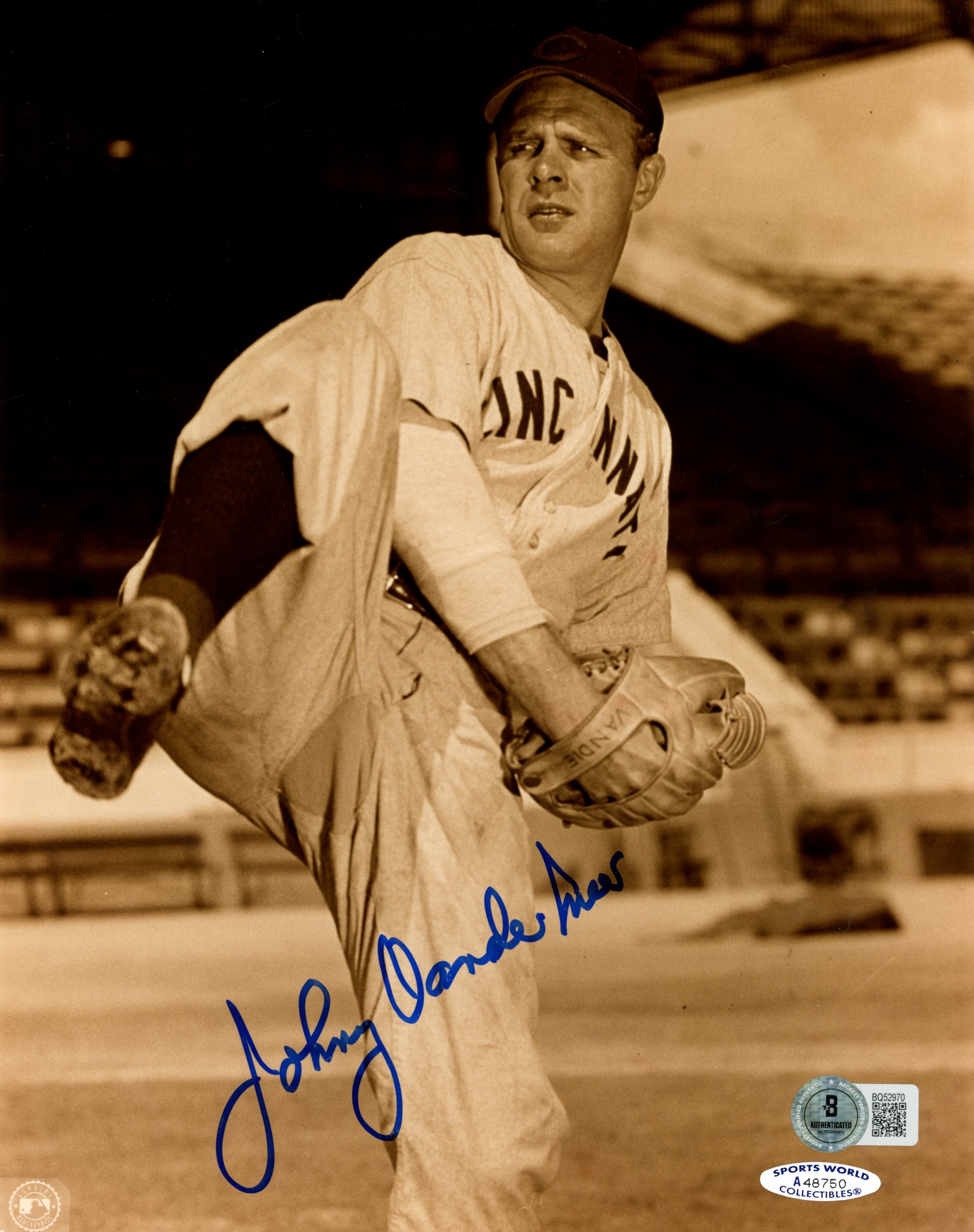 Johnny Meer Autographed/Signed Cincinnati Reds 8x10 Photo Beckett 57428